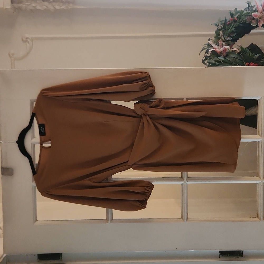 Camel mini dress with wrap front, by Vici